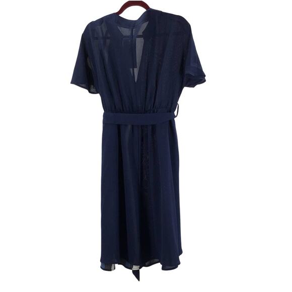 BLOOMCHIC SZ 10 L navy blue striped vneck belted short sleeve midi dress NWT B80 - Picture 2 of 7